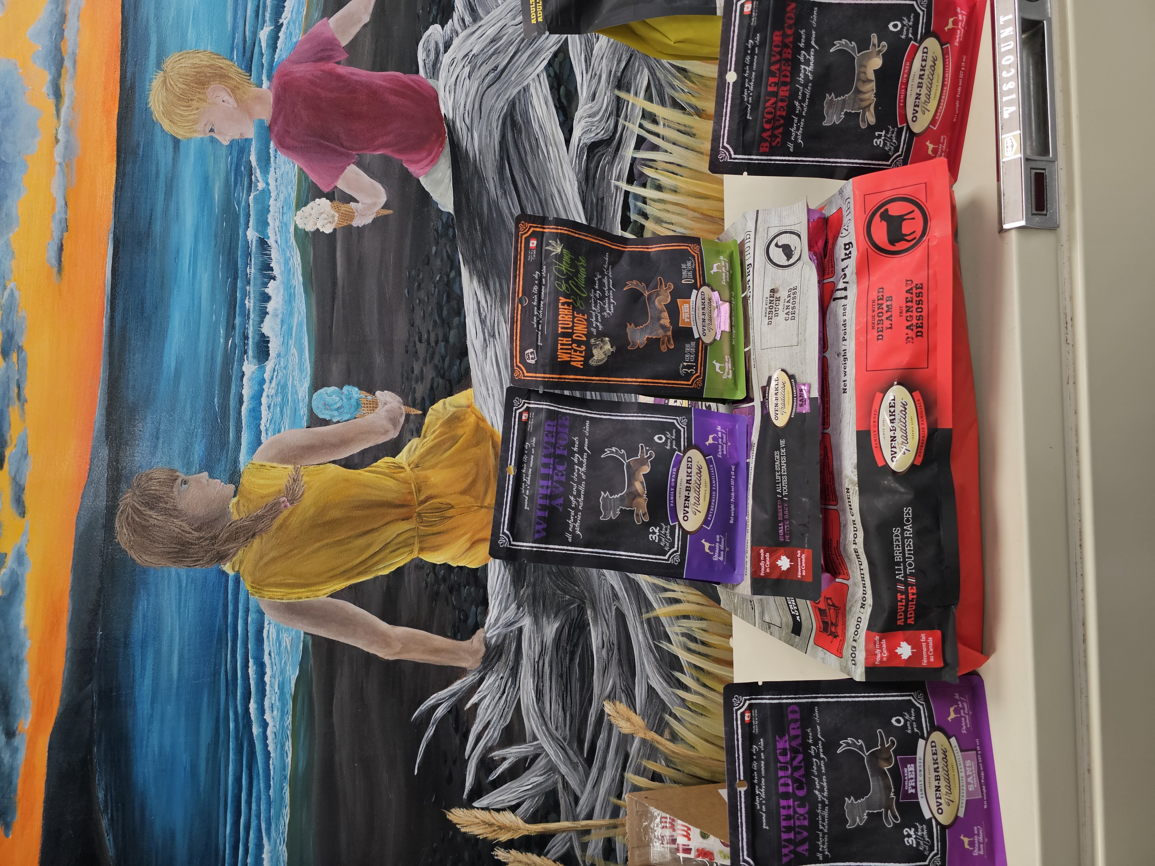 Premium dog food bags neatly arranged on a shelf